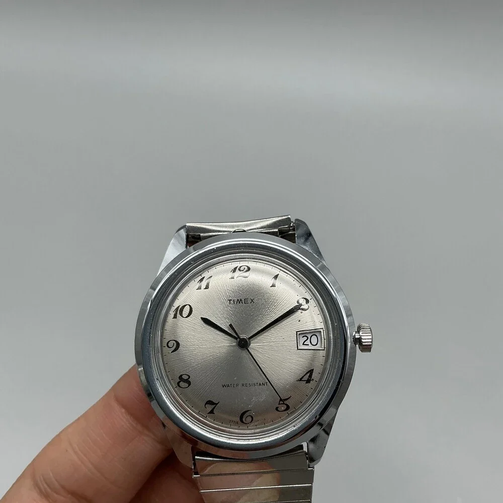 Vintage 1979 Timex Marlin Mens Watch 37mm Silver Dial Date Manual Wind